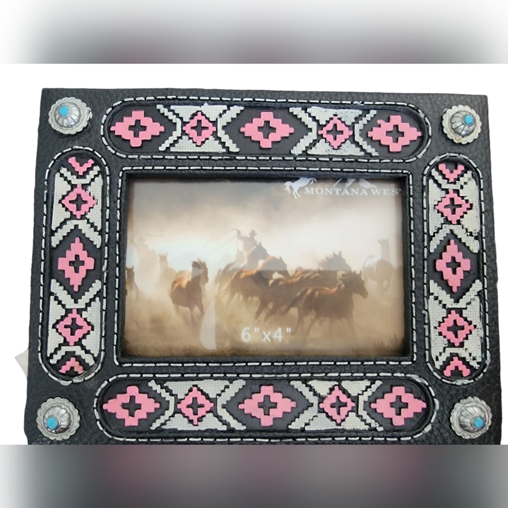 6x4 Picture Frame Black Faux Leather W Pink Turquoise White Aztec Western Patter